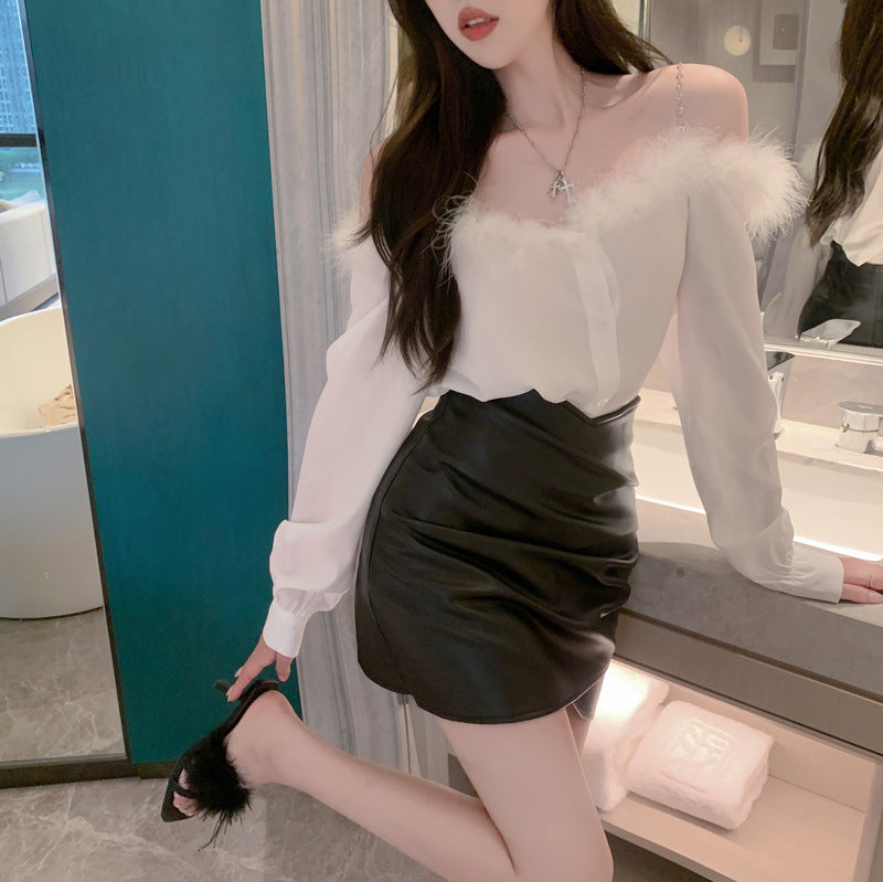 【Tops】オフショルダーファーシャツ W13517