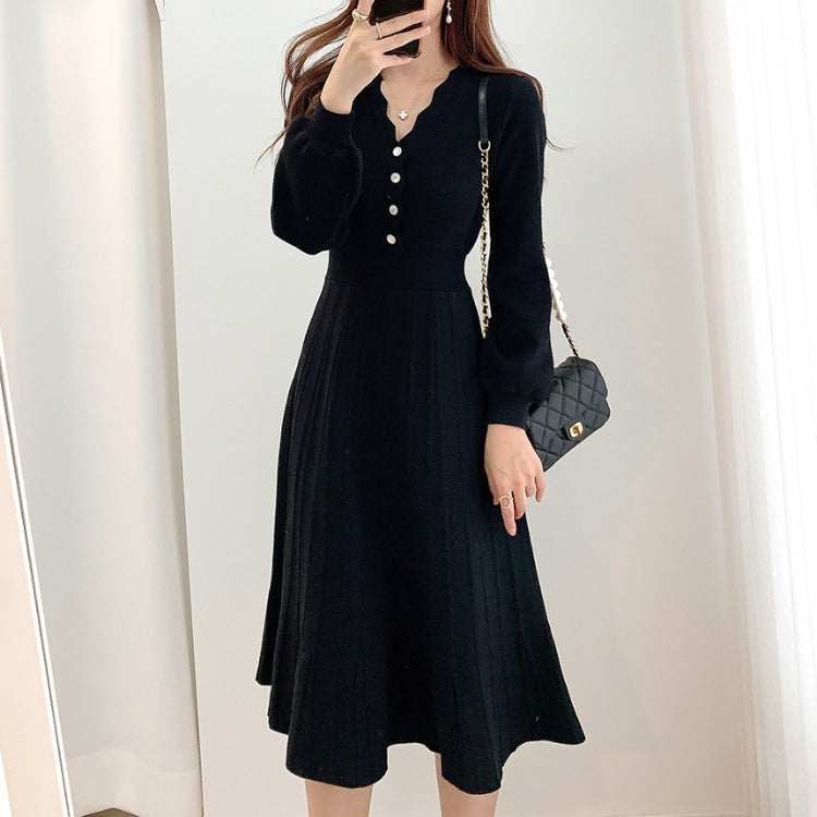 【Dress】早い者勝ち~3色展開気質レトロ長袖ニットワンピース W7811