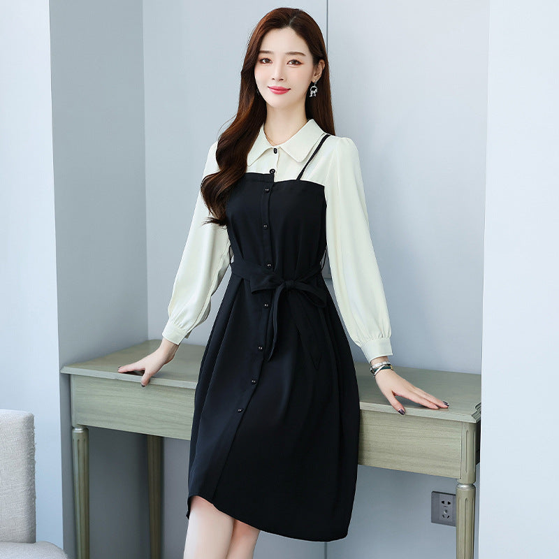 【Dress】フェイクレイヤードシャツワンピース W8162