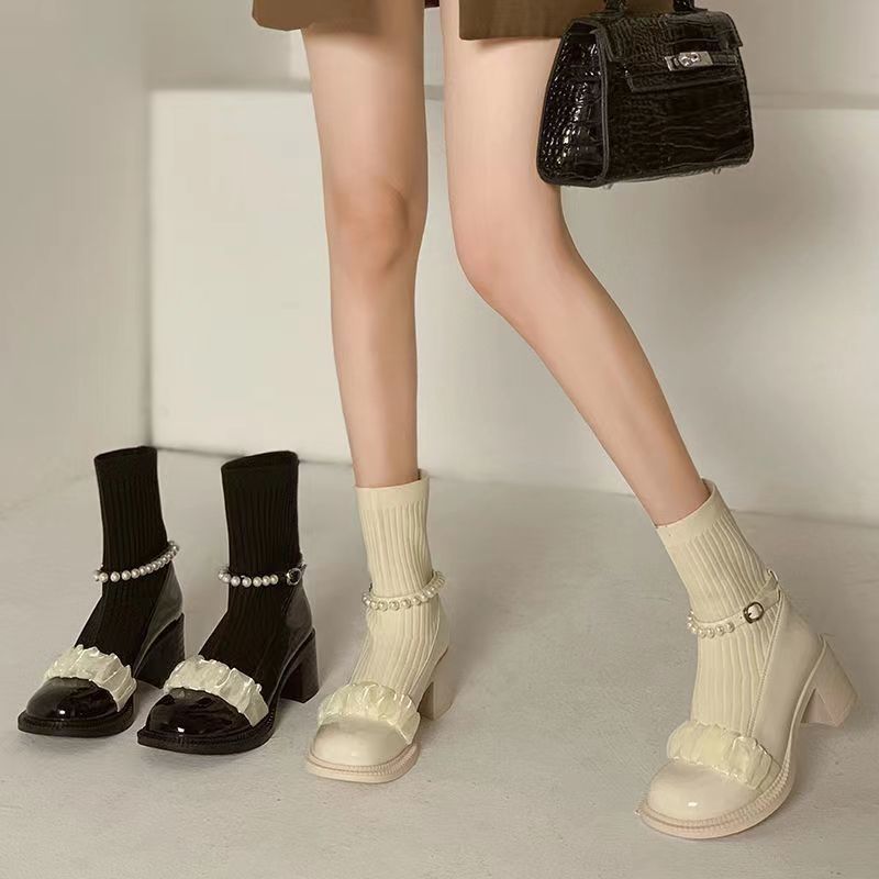 【Shoes】人気ニット切替ショートブーツ Z-5978