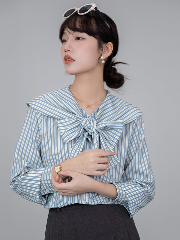 【Tops】リボンストライプシャツ T01609