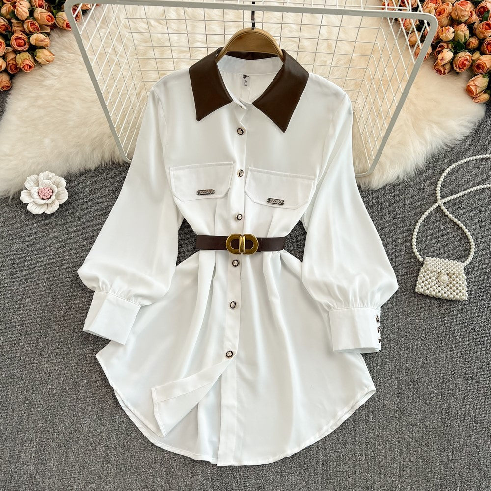 【Dress】お洒落度up~レディース春秋Aライン配色パフスリーブ膝丈シャツワンピース Z-3994