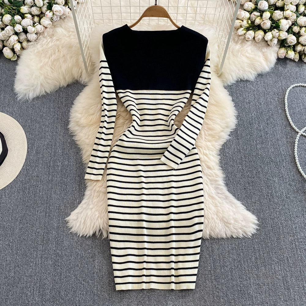 【Dress】ボーダー柄ニットワンピース W8506