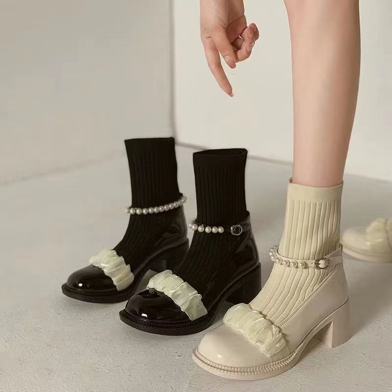 【Shoes】人気ニット切替ショートブーツ Z-5978