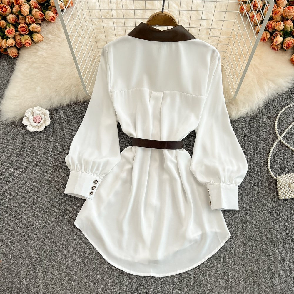 【Dress】お洒落度up~レディース春秋Aライン配色パフスリーブ膝丈シャツワンピース Z-3994