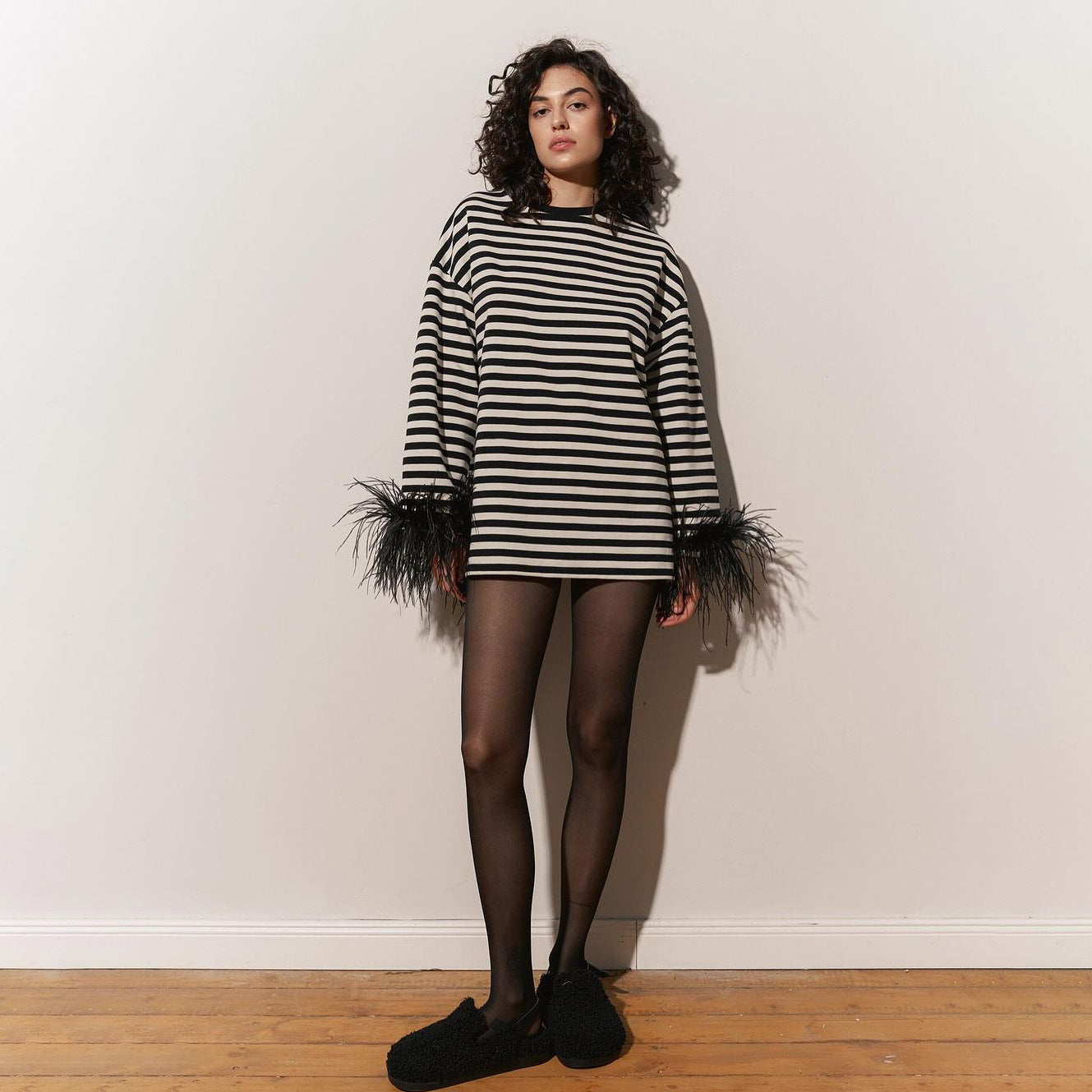 【Tops】ファーボーダー柄Tシャツ W13427