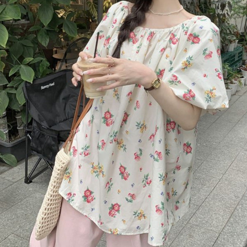 【Tops】フラワープリントパフスリーブシャツ T01763