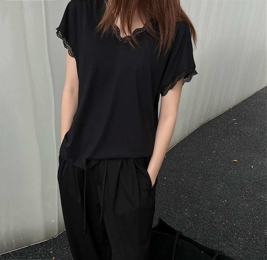 【Tops】レース切り替えTシャツ W12552