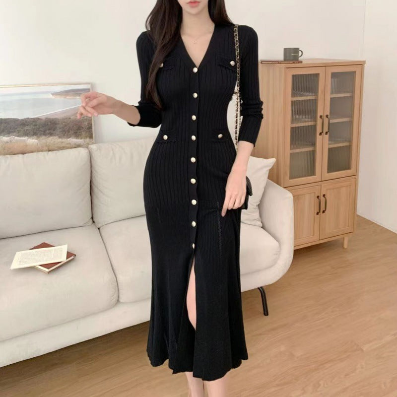 【Dress】フェミニン無地シングルブレストワンピース Z-6554