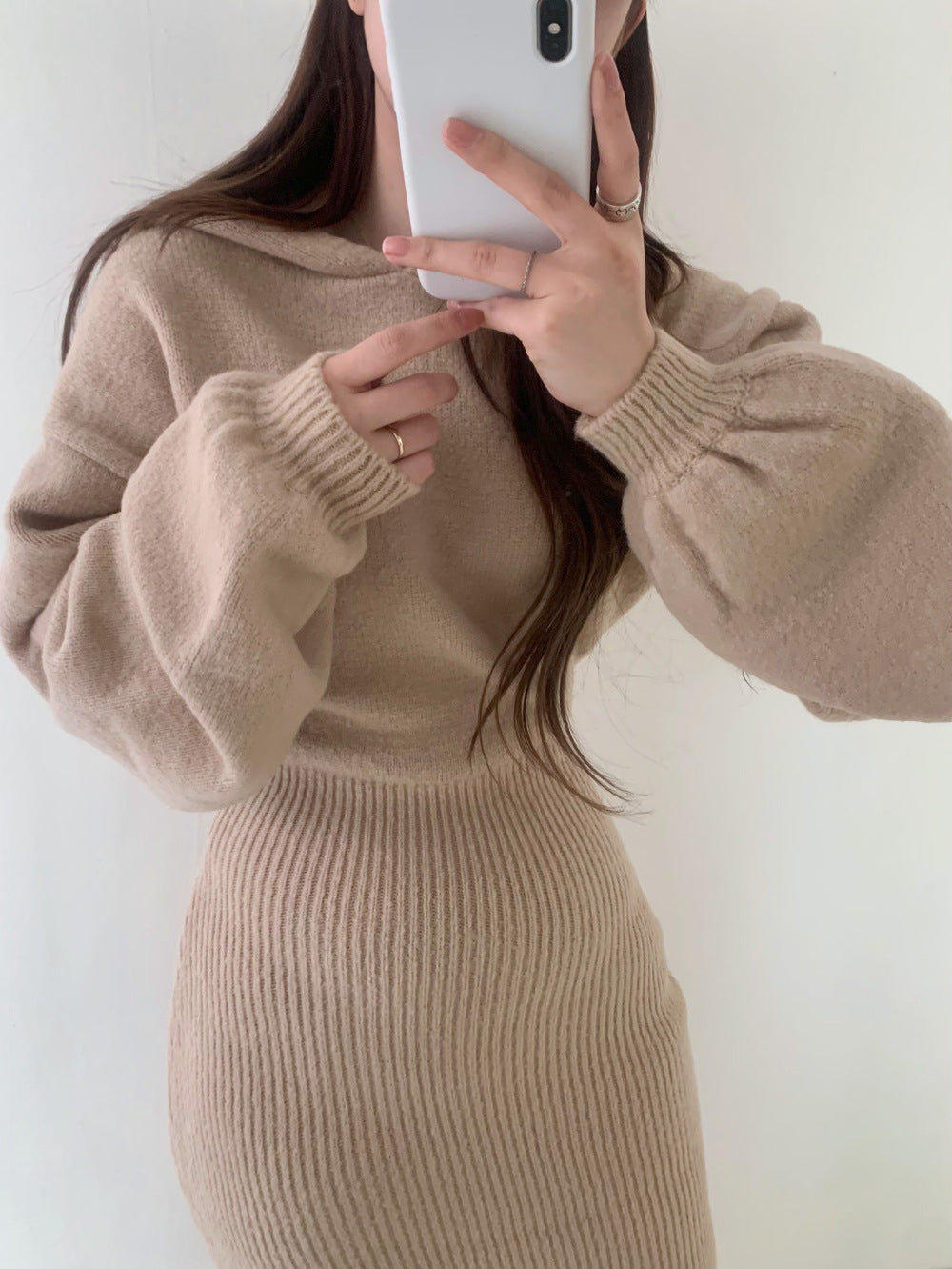 【Dress】フード付きニットワンピース W9488