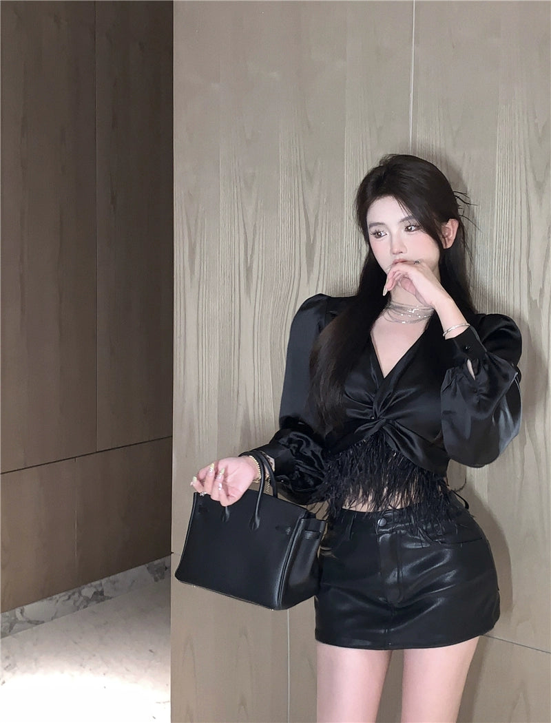 【Tops】ファーデザインシャツ W9821