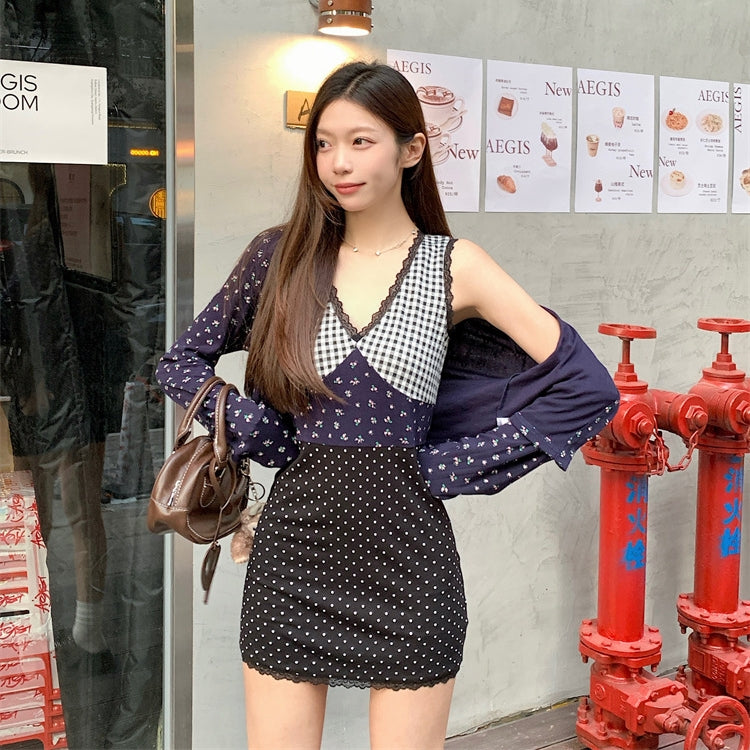 【Set】花柄カーディガン+切り替えワンピース2点セット T01360