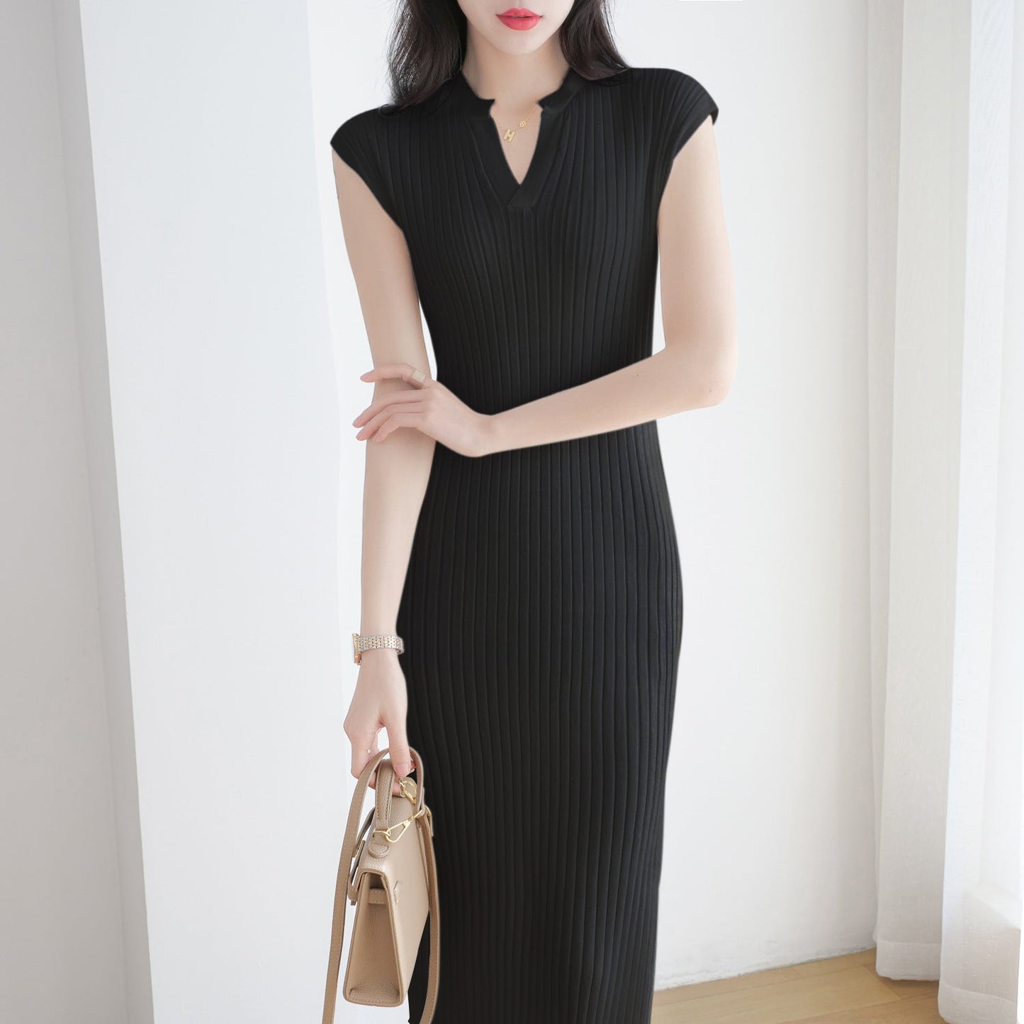 【Dress】3色選択可~Ⅴネックロング丈ニットワンピース W6902