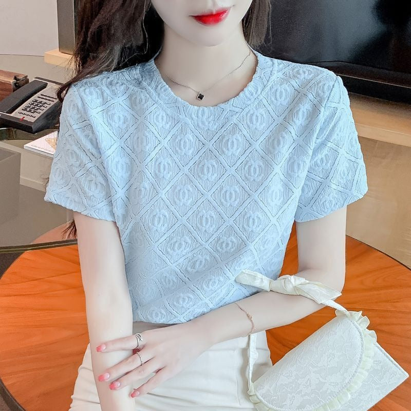 【Tops】2色展開ジャカードTシャツ W12551