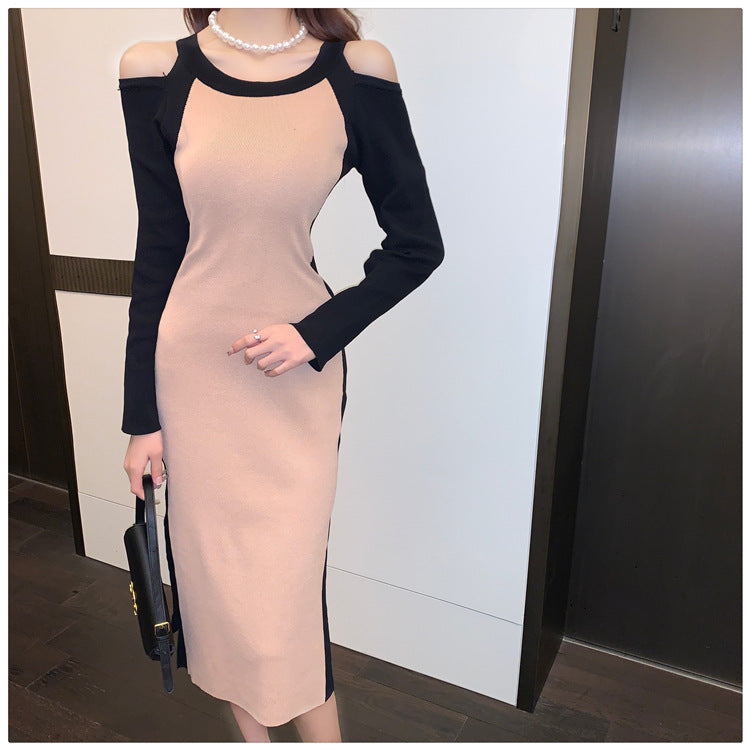 【Dress】肩見せ配色ニットワンピース W9284
