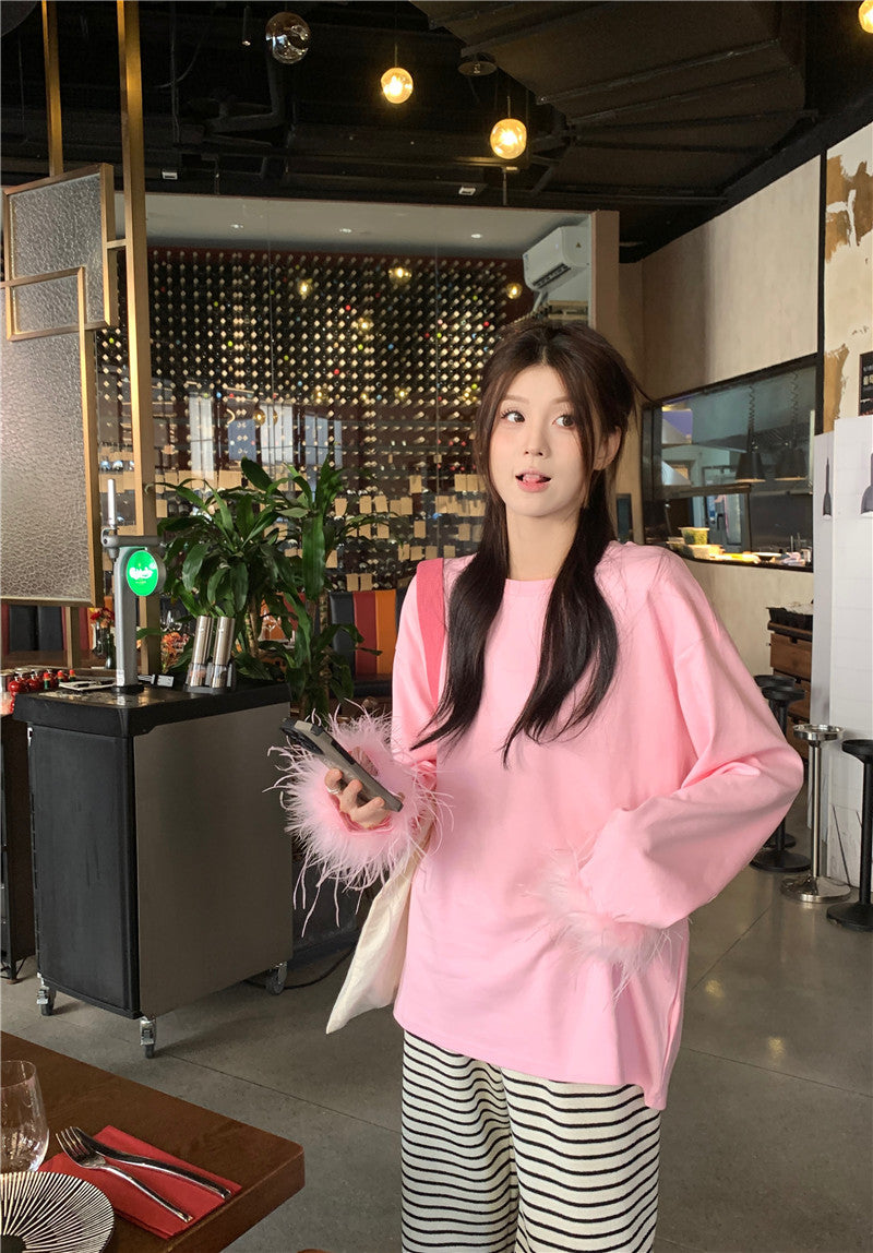 【Tops】chic風ファーTシャツ W13445