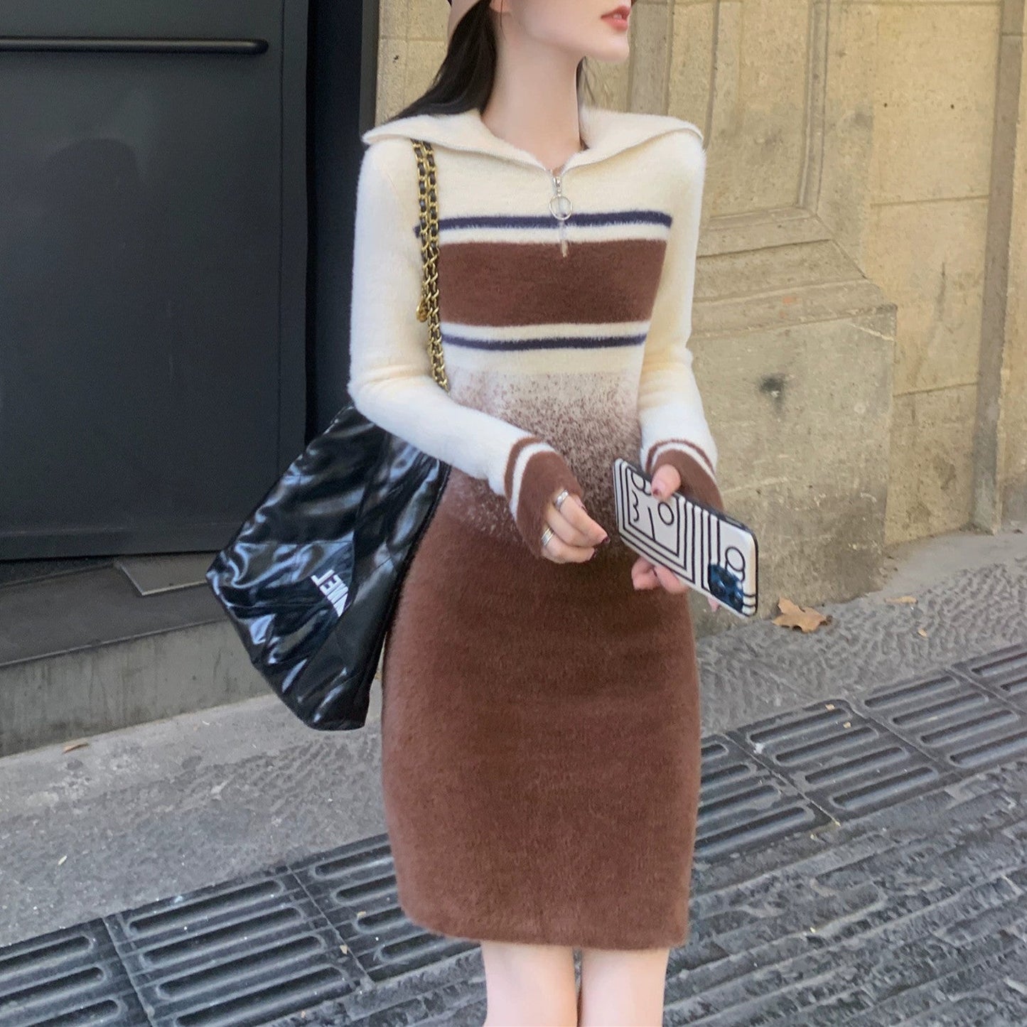 【Dress】配色ニットワンピース W10065