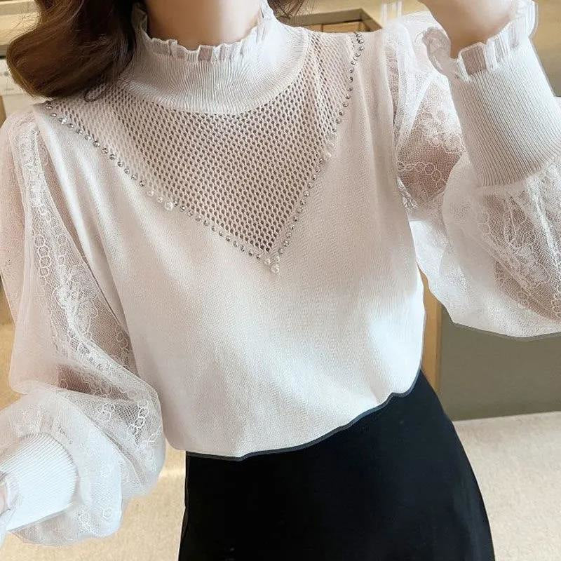 【Tops】レース切替OL通勤ブラウス Z7679