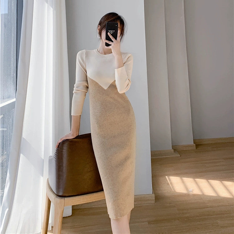 【Dress】2色配色ニットワンピース W9677
