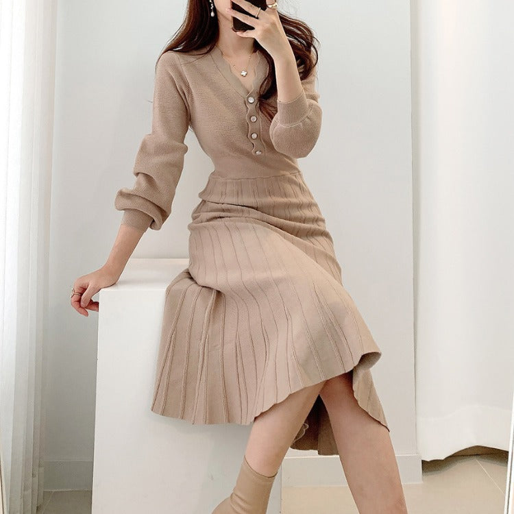 【Dress】早い者勝ち~3色展開気質レトロ長袖ニットワンピース W7811