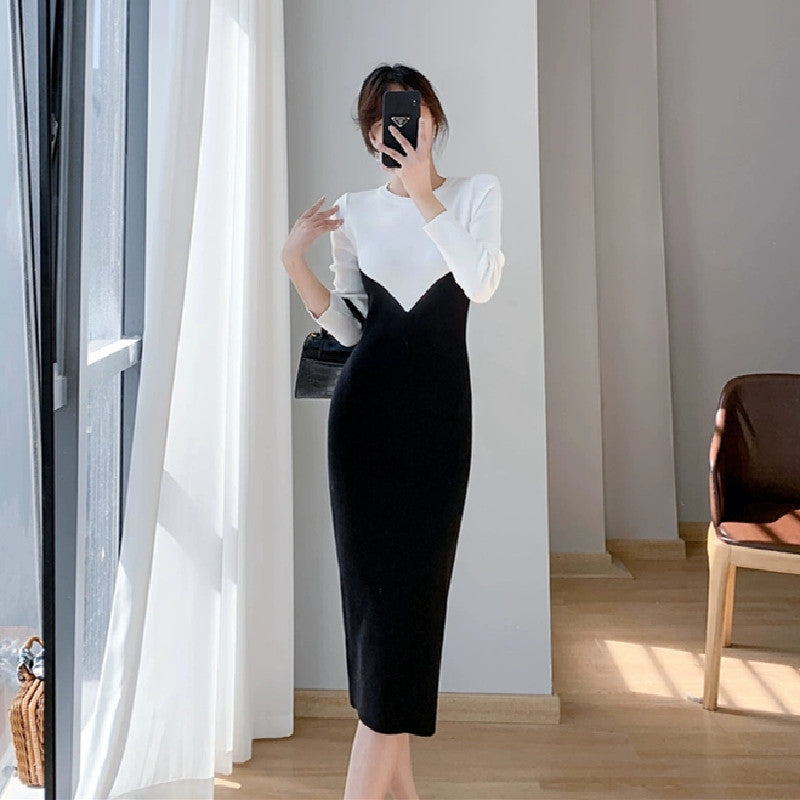 【Dress】2色配色ニットワンピース W9677