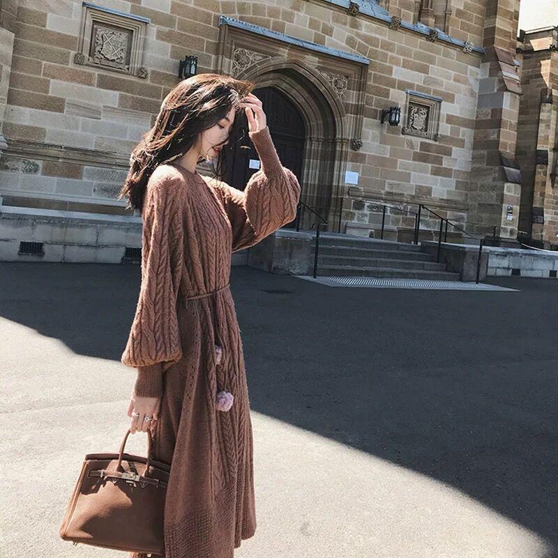 【Dress】ランタンスリーブニットワンピース W9437