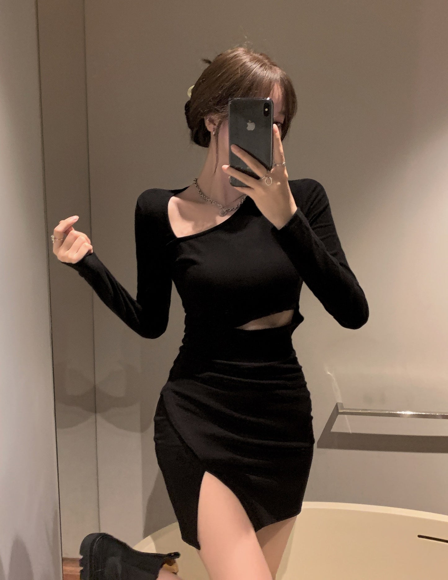 【Dress】春秋透かし彫りワンピース W14675