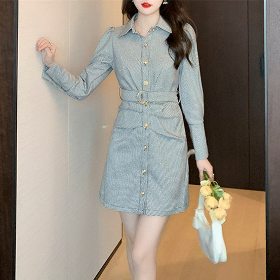 【Dress】チェック柄長袖シャツワンピース W8084