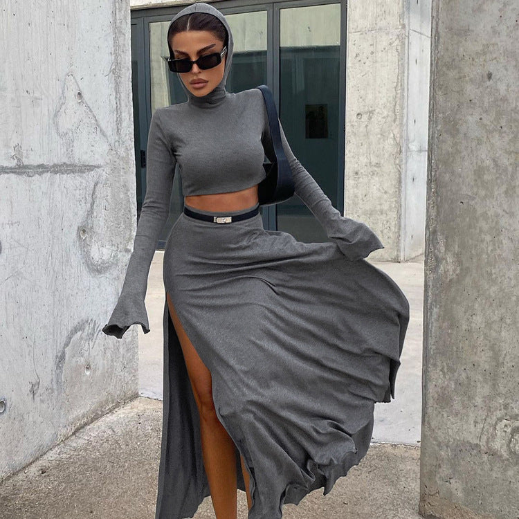 【Set】フード付きトップス+ ハイスリットスカート2点セット T01286