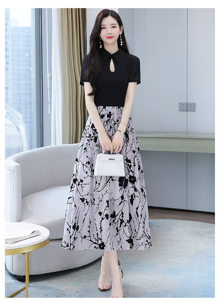 【Dress】超人気商品~オシャレ切替半袖ロング丈シャツワンピース体型カバー W-6658
