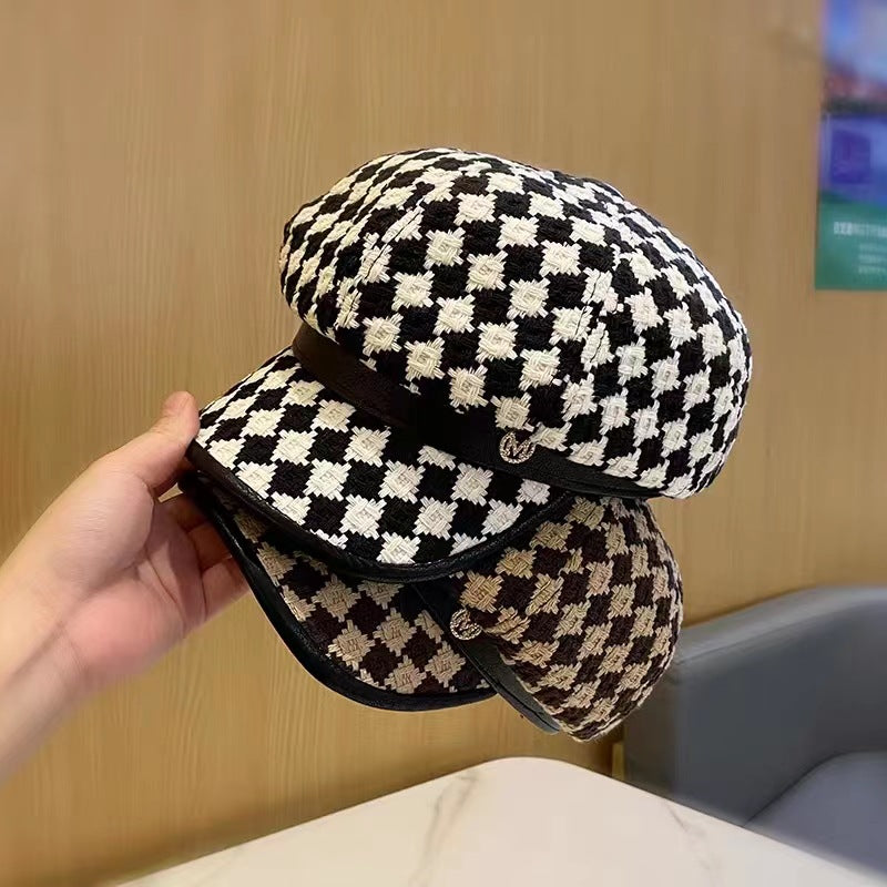 【雑貨】気質満点~レディース春秋チェック柄ニットベレー帽3色選択可 W-3738