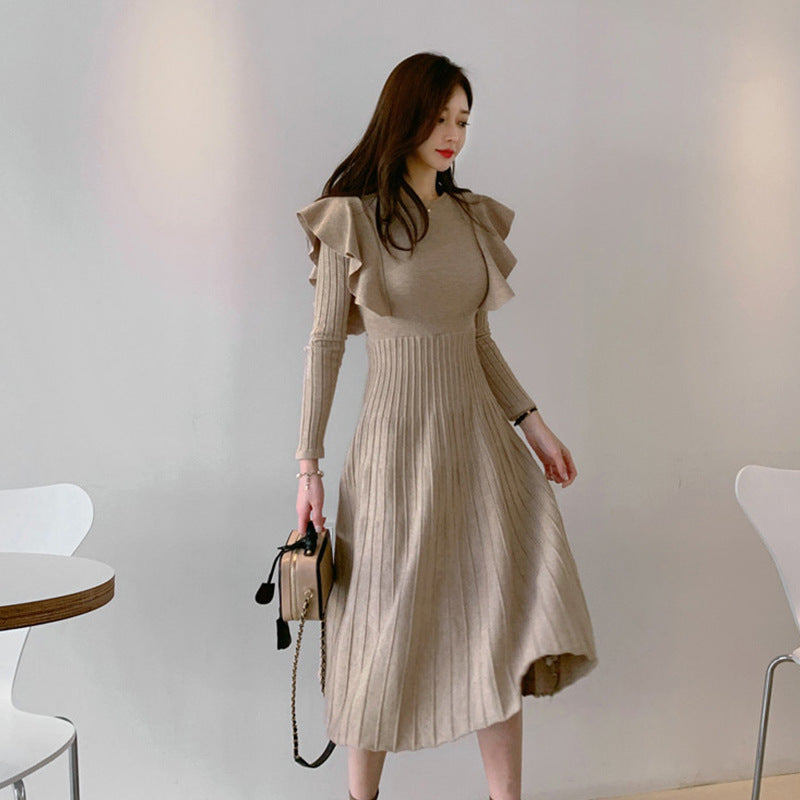 【Dress】レトロ風フリルニットワンピース W7944