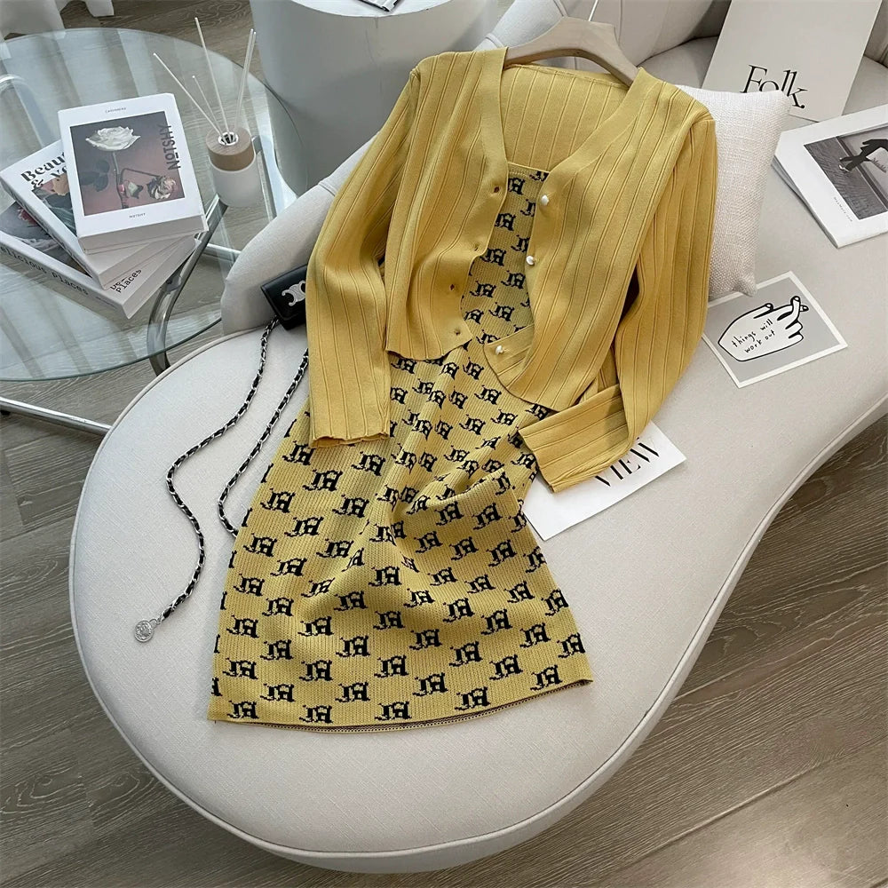 【Set】カーディガン+ キャミワンピ重ね着セット W11139