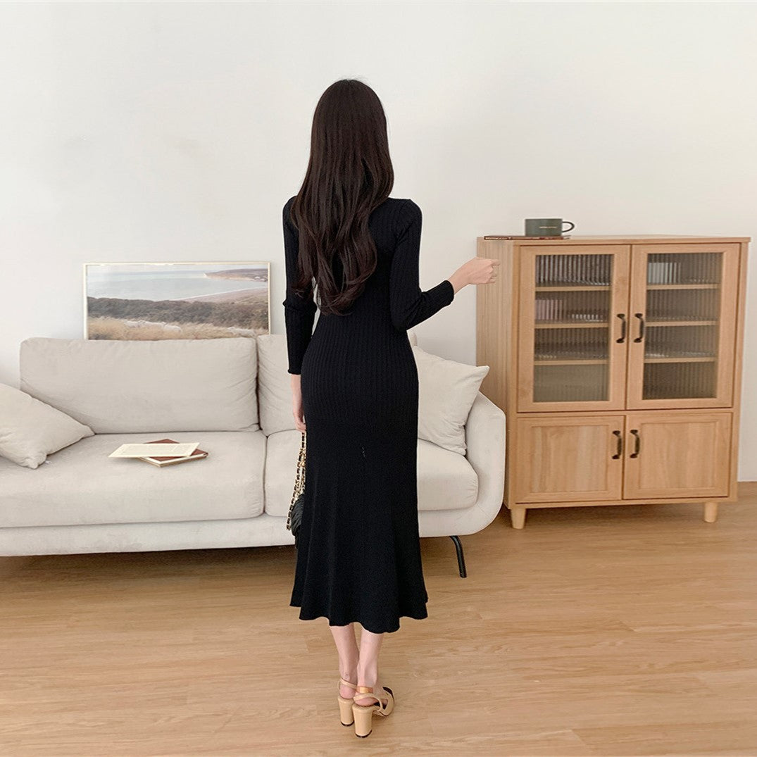 【Dress】フェミニン無地シングルブレストワンピース Z-6554