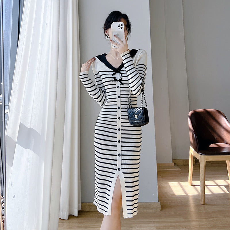 【Dress】ボーダー柄ニットワンピース W8506