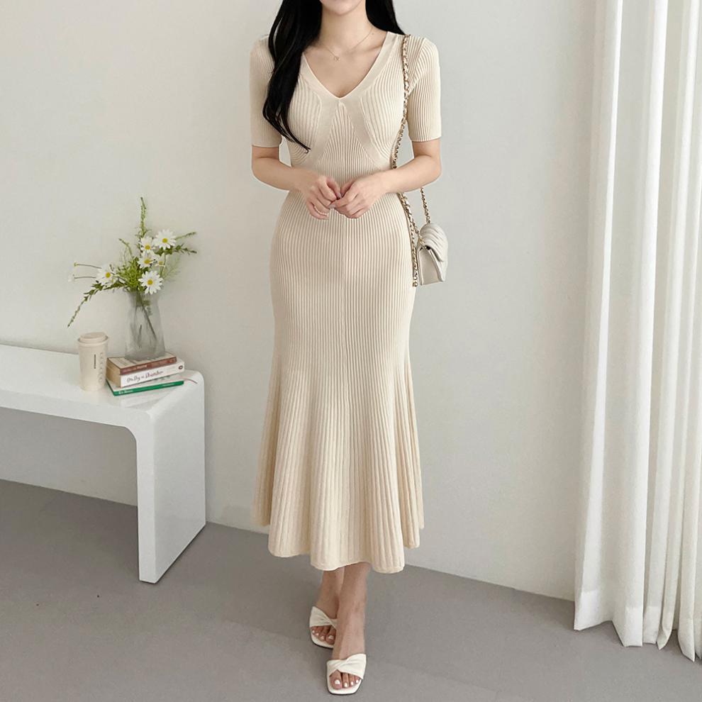 【Dress】大人シンプル無地vネック半袖マーメイドワンピース Z-5672