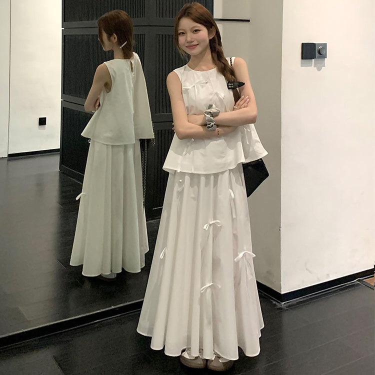 【Set】リボン付きノースリーブ2点セット T01448