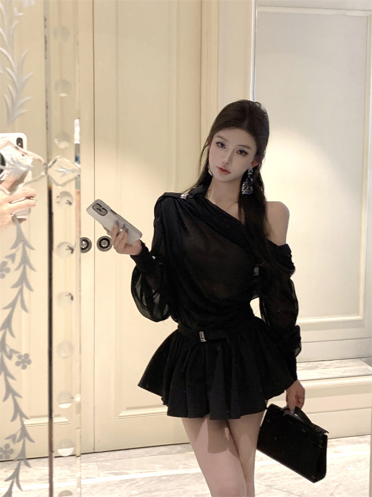 【Set】リボン付きトップス+ミニスカートセット T01383