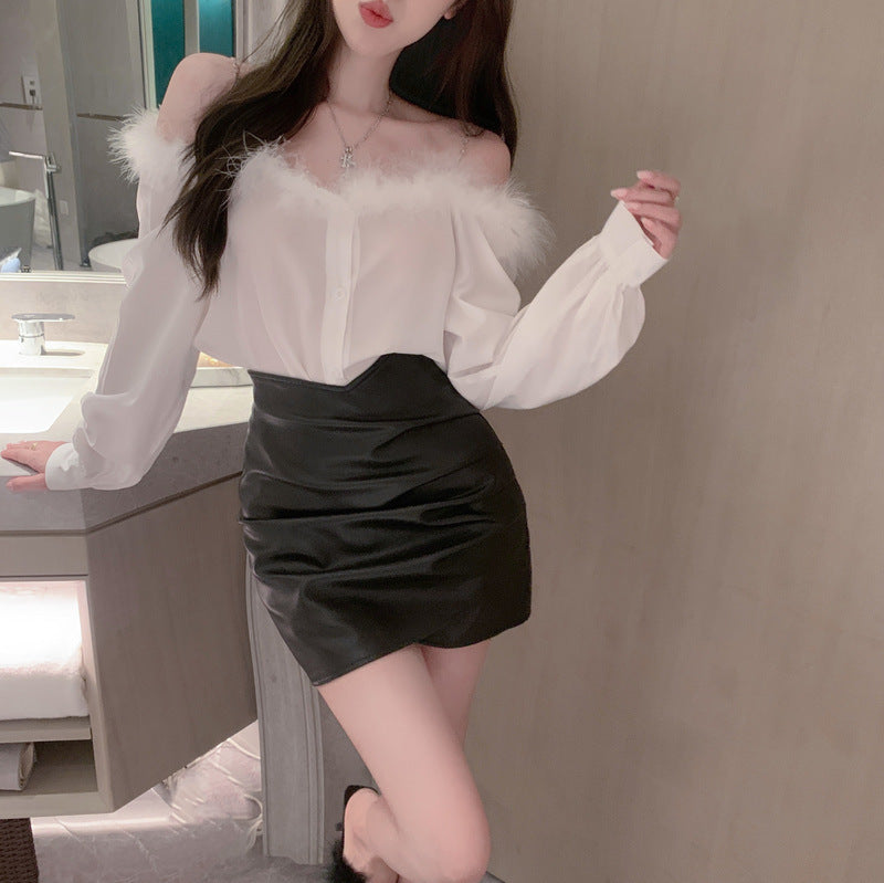 【Tops】オフショルダーファーシャツ W13517