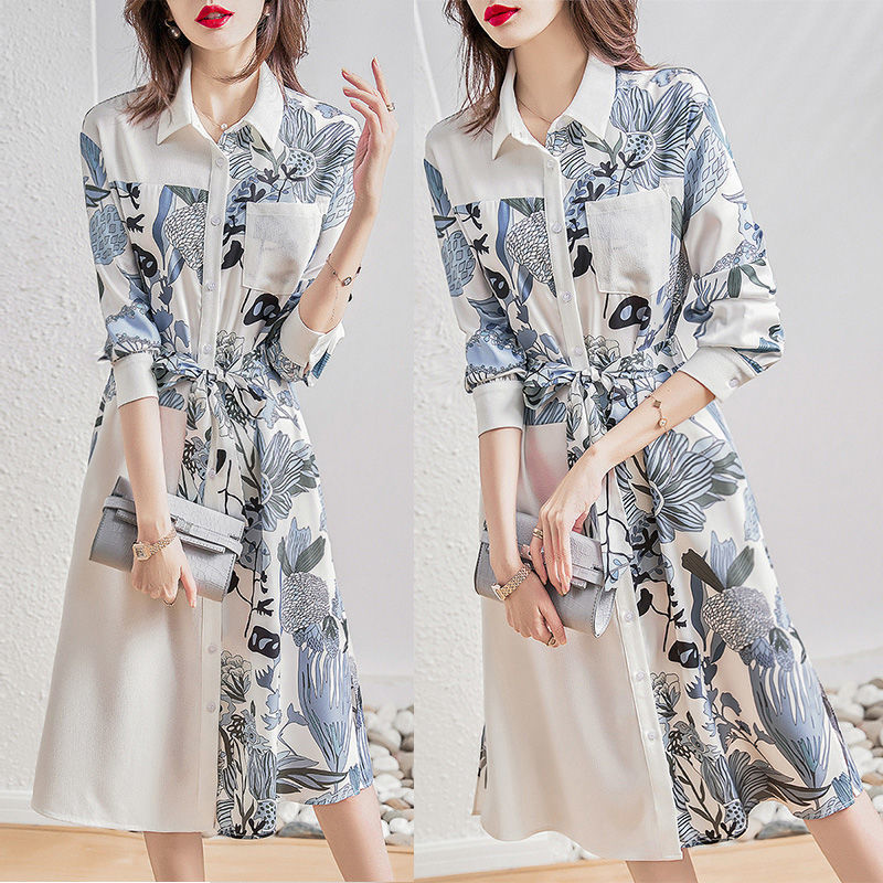 【Dress】オシャレ度満点~オフィスカジュアル春秋Aライン花柄シャツワンピース Z-4887