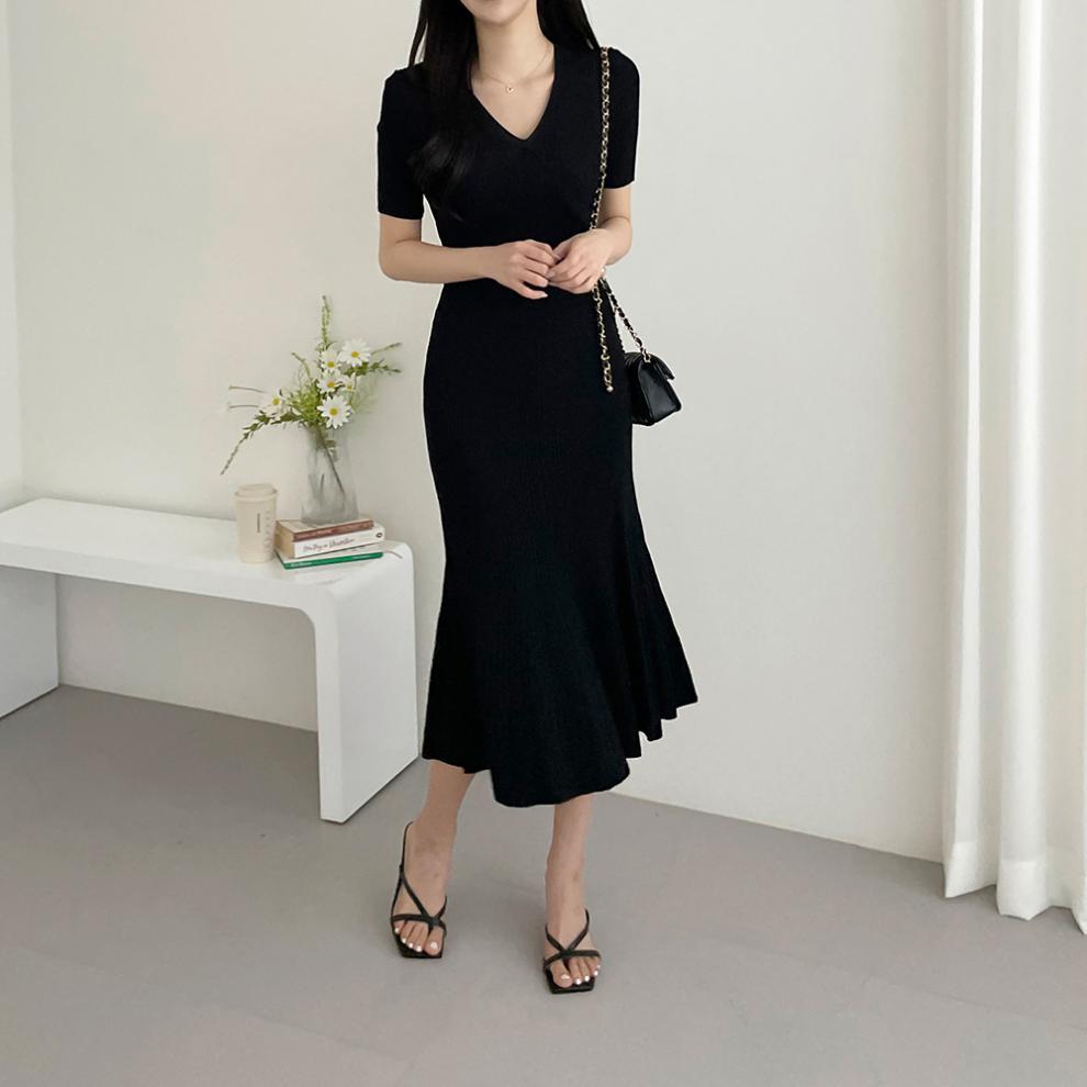 【Dress】大人シンプル無地vネック半袖マーメイドワンピース Z-5672