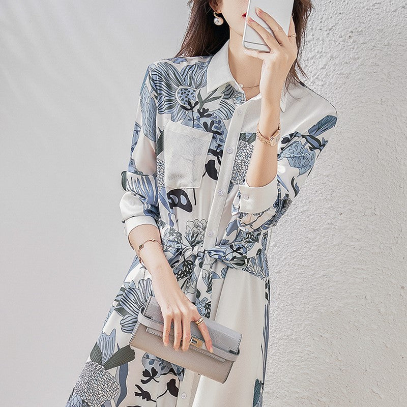 【Dress】オシャレ度満点~オフィスカジュアル春秋Aライン花柄シャツワンピース Z-4887