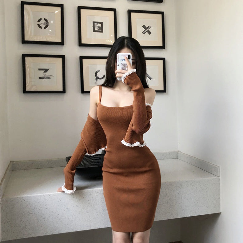 【Set】ニットセットカーディガン+キャミワンピ W10479