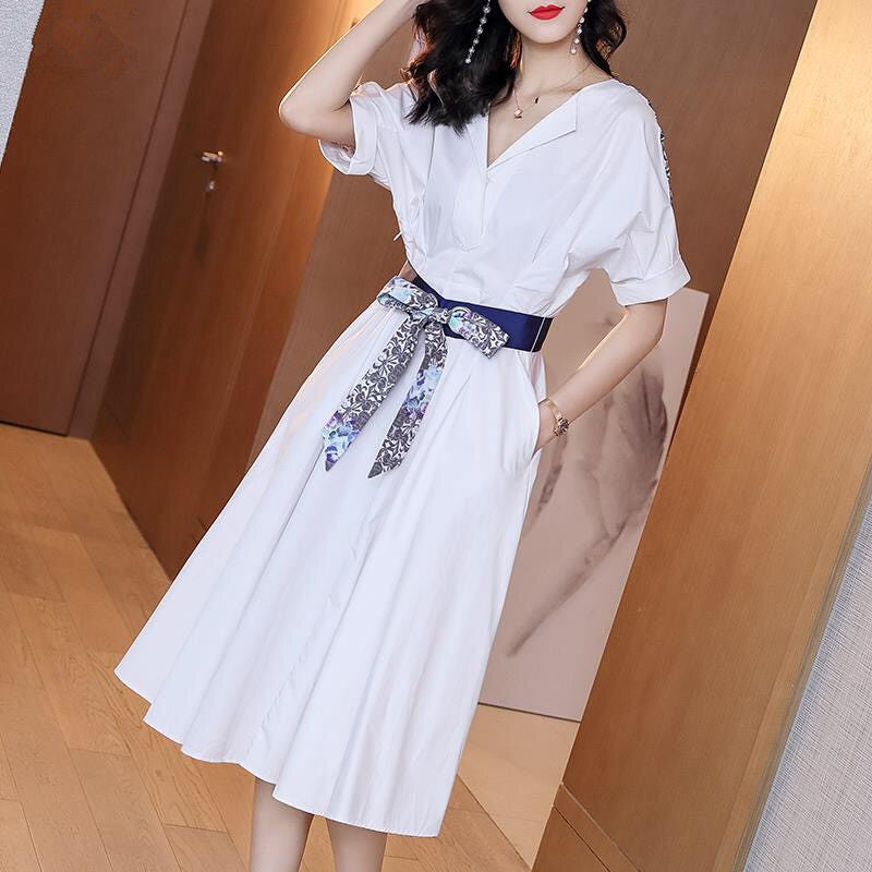 【Dress】今季マストバイ~韓国ファッション人気バック花柄OL通勤シャツワンピース W-1121