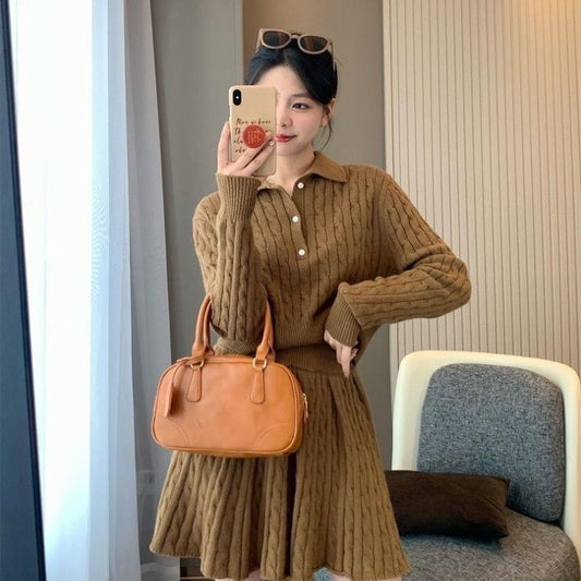 【Set】ポロネックニット+スカート ニットセット Z8383