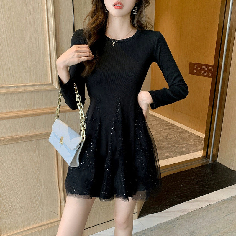 【Dress】チュール切替ニットワンピース W8214