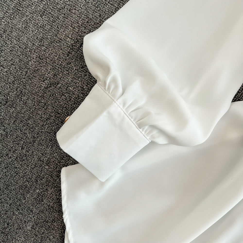 【Dress】お洒落度up~レディース春秋Aライン配色パフスリーブ膝丈シャツワンピース Z-3994