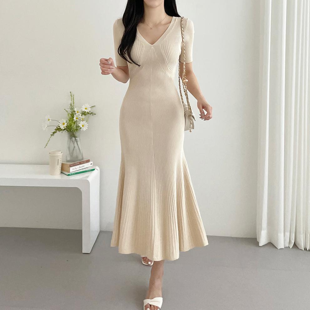 【Dress】大人シンプル無地vネック半袖マーメイドワンピース Z-5672