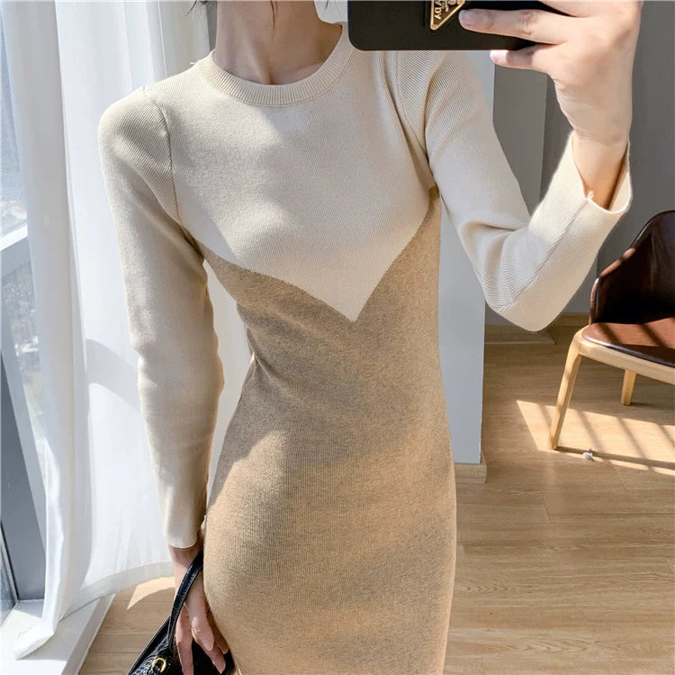 【Dress】2色配色ニットワンピース W9677