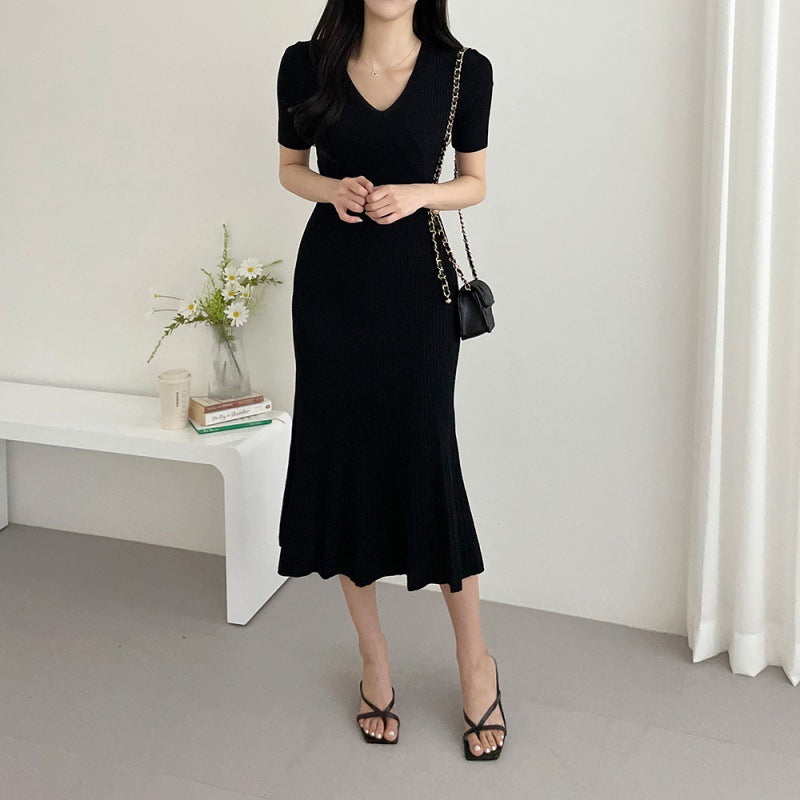【Dress】大人シンプル無地vネック半袖マーメイドワンピース Z-5672